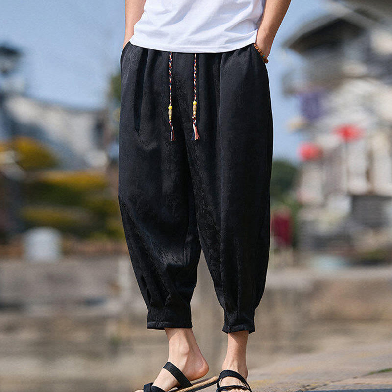 Summer Character Embroidery Design Drawstring Men's 7-8 Length Pants With Pockets
