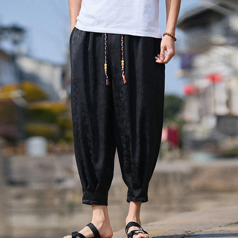 Summer Character Embroidery Design Drawstring Men's 7-8 Length Pants With Pockets