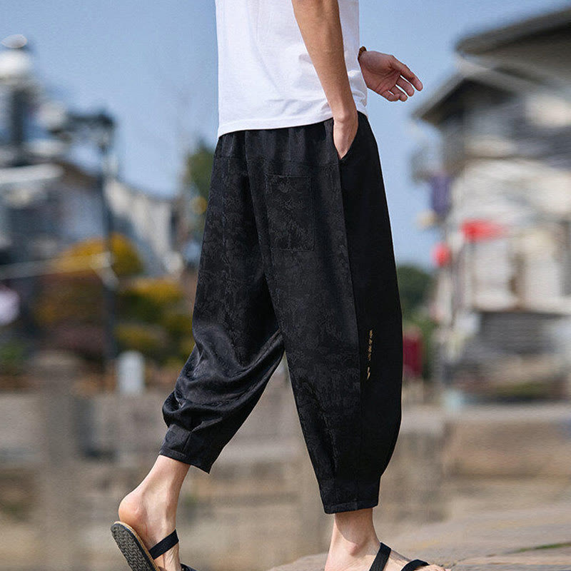 Summer Character Embroidery Design Drawstring Men's 7-8 Length Pants With Pockets