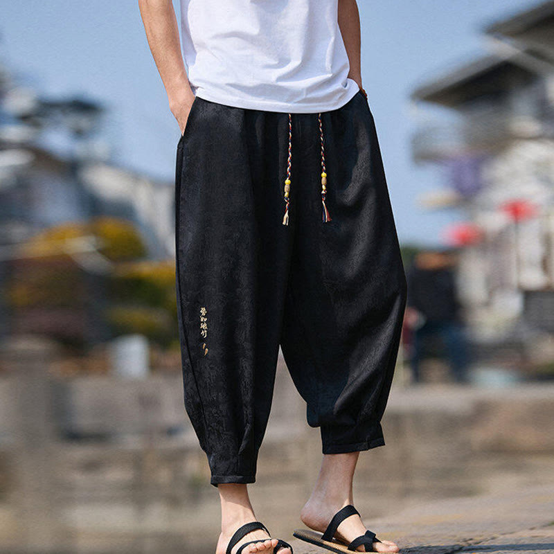 Summer Character Embroidery Design Drawstring Men's 7-8 Length Pants With Pockets