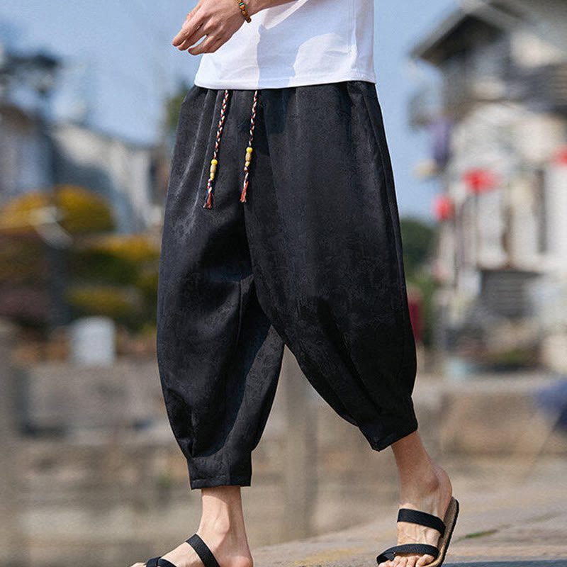 Summer Character Embroidery Design Drawstring Men's 7-8 Length Pants With Pockets