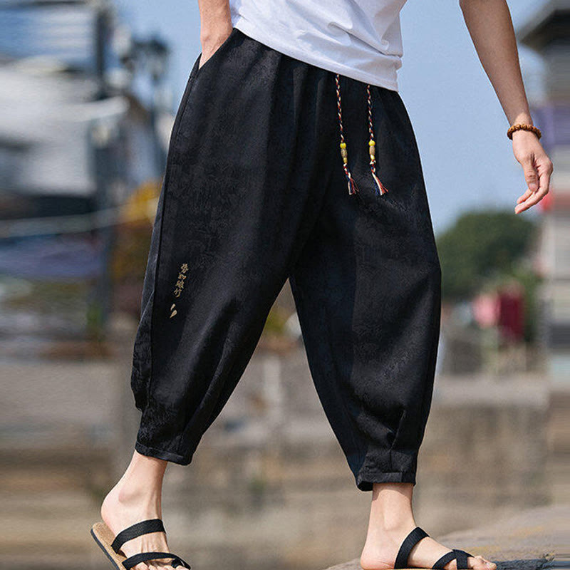 Summer Character Embroidery Design Drawstring Men's 7-8 Length Pants With Pockets