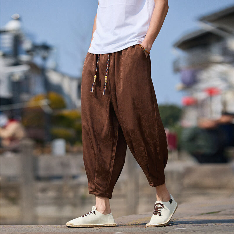 Summer Character Embroidery Design Drawstring Men's 7-8 Length Pants With Pockets