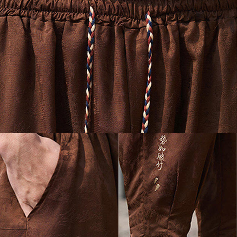 Summer Character Embroidery Design Drawstring Men's 7-8 Length Pants With Pockets