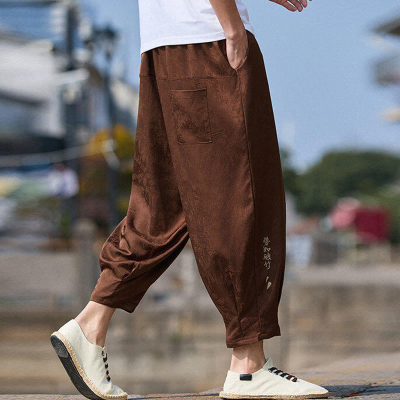Summer Character Embroidery Design Drawstring Men's 7-8 Length Pants With Pockets