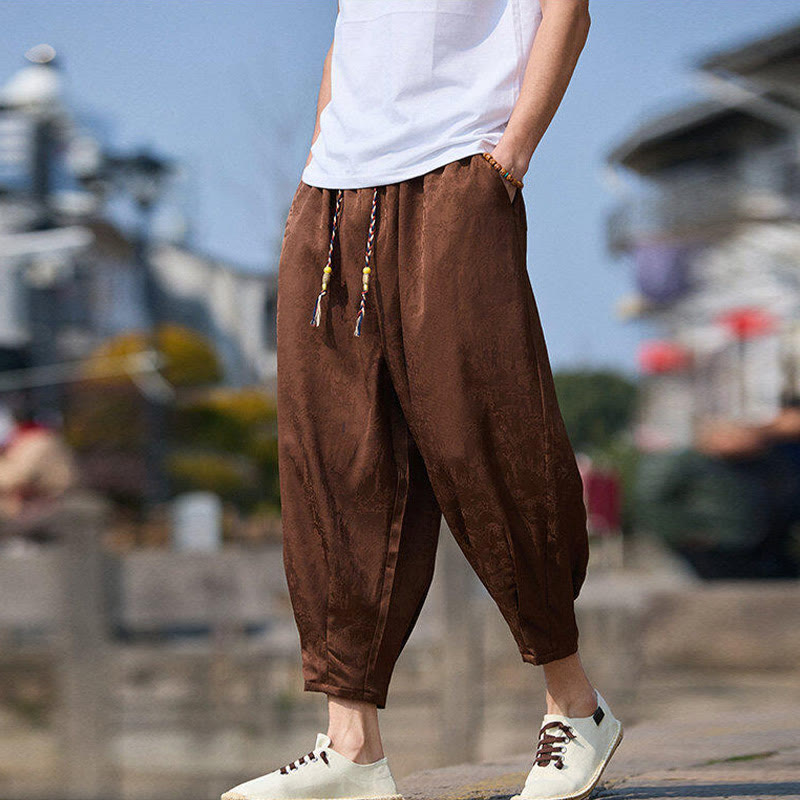 Summer Character Embroidery Design Drawstring Men's 7-8 Length Pants With Pockets