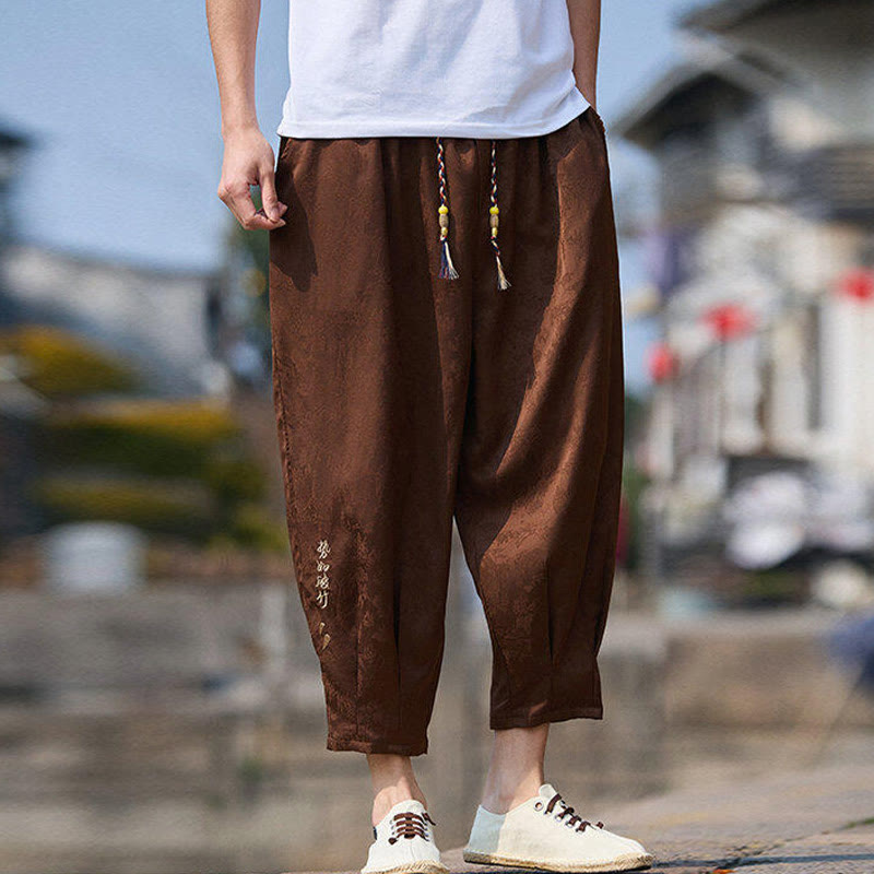 Summer Character Embroidery Design Drawstring Men's 7-8 Length Pants With Pockets