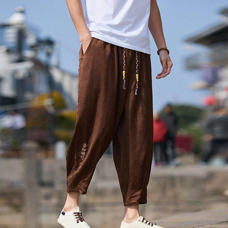 Summer Character Embroidery Design Drawstring Men's 7-8 Length Pants With Pockets