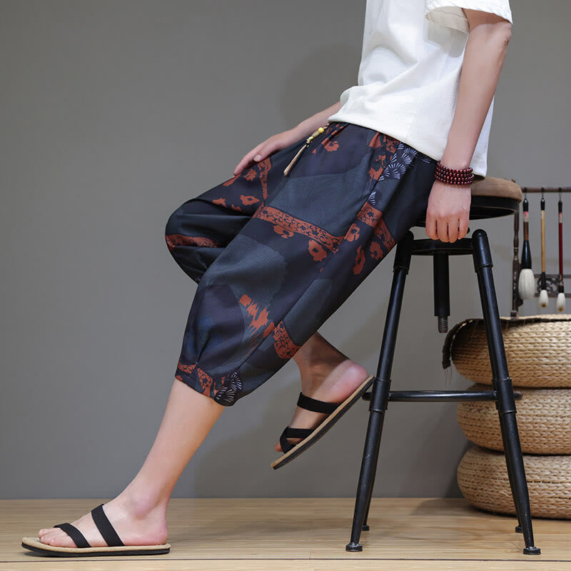 Summer Bamboo Leaves Flowers Cotton Linen Men's Capri Pants With Pockets