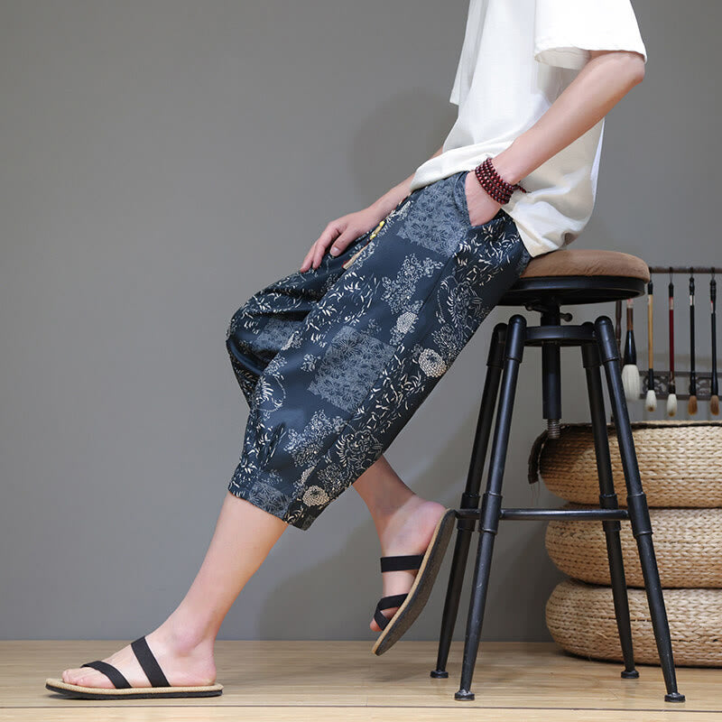 Summer Bamboo Leaves Flowers Cotton Linen Men's Capri Pants With Pockets