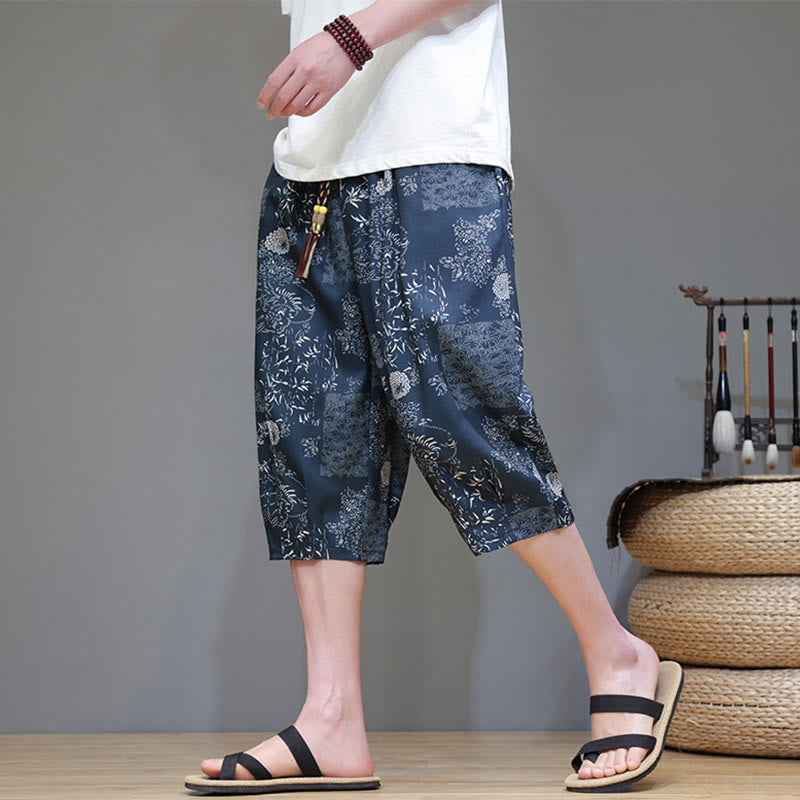 Summer Bamboo Leaves Flowers Cotton Linen Men's Capri Pants With Pockets