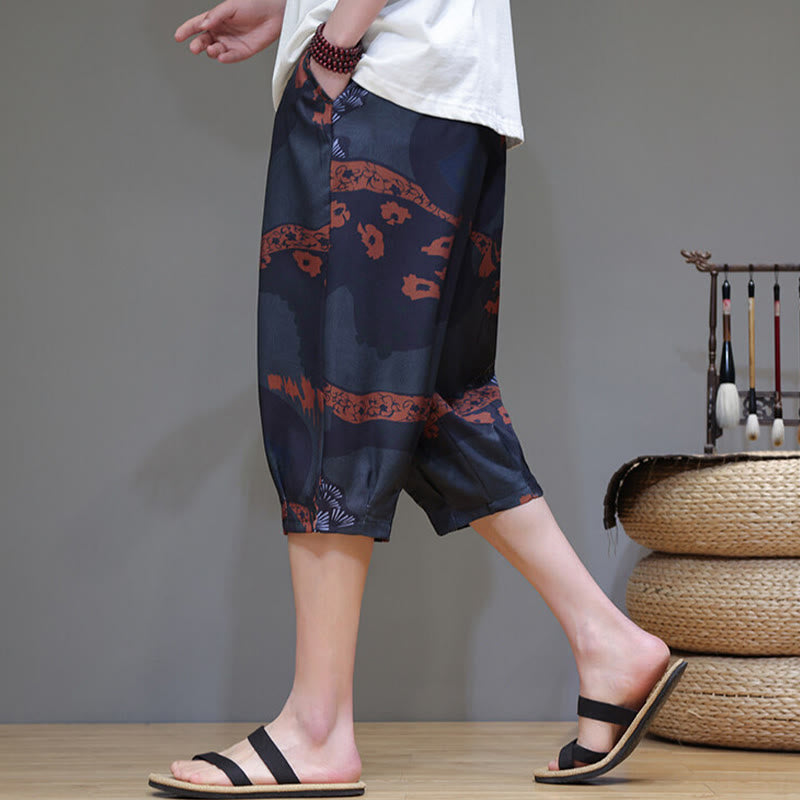Summer Bamboo Leaves Flowers Cotton Linen Men's Capri Pants With Pockets