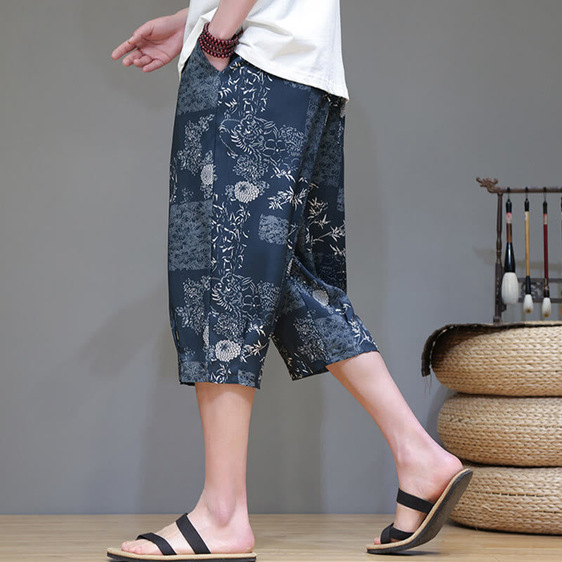Summer Bamboo Leaves Flowers Cotton Linen Men's Capri Pants With Pockets