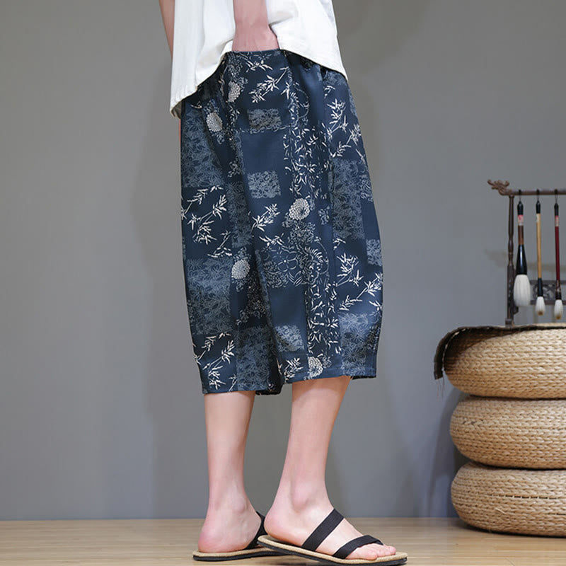 Summer Bamboo Leaves Flowers Cotton Linen Men's Capri Pants With Pockets
