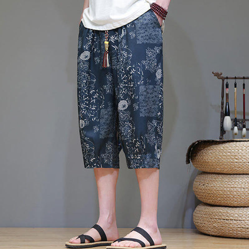 Summer Bamboo Leaves Flowers Cotton Linen Men's Capri Pants With Pockets