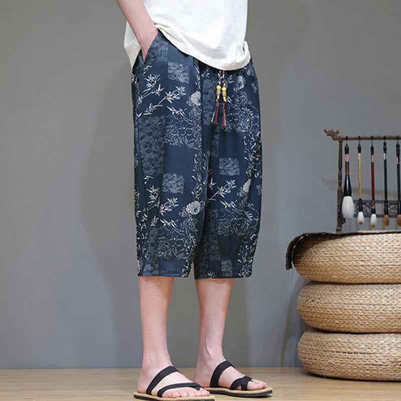 Summer Bamboo Leaves Flowers Cotton Linen Men's Capri Pants With Pockets