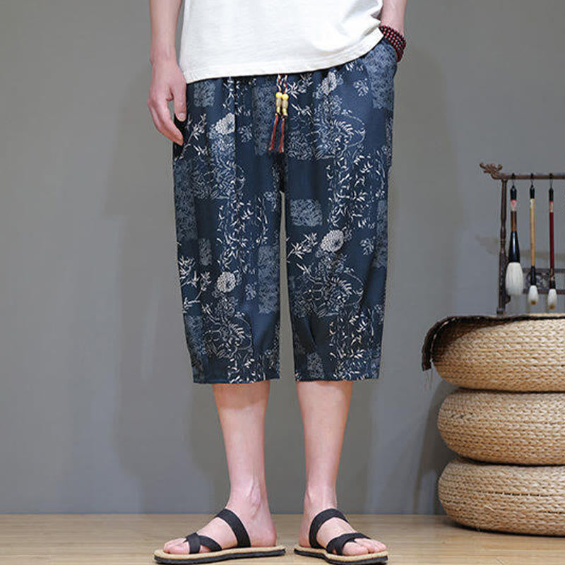Summer Bamboo Leaves Flowers Cotton Linen Men's Capri Pants With Pockets