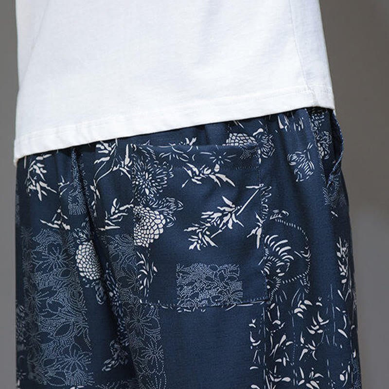 Summer Bamboo Leaves Flowers Cotton Linen Men's Capri Pants With Pockets