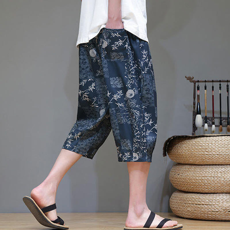 Summer Bamboo Leaves Flowers Cotton Linen Men's Capri Pants With Pockets