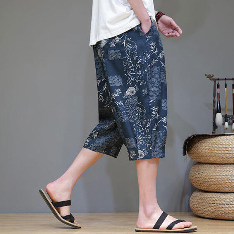 Summer Bamboo Leaves Flowers Cotton Linen Men's Capri Pants With Pockets