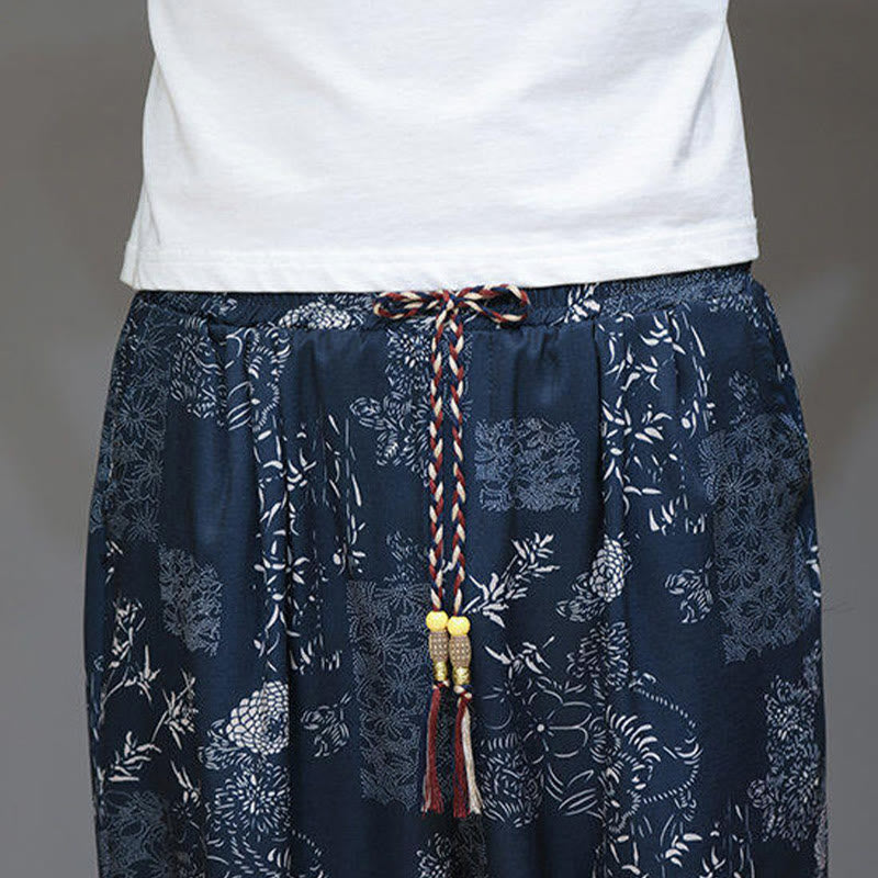Summer Bamboo Leaves Flowers Cotton Linen Men's Capri Pants With Pockets