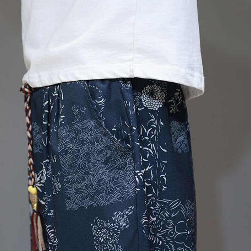 Summer Bamboo Leaves Flowers Cotton Linen Men's Capri Pants With Pockets