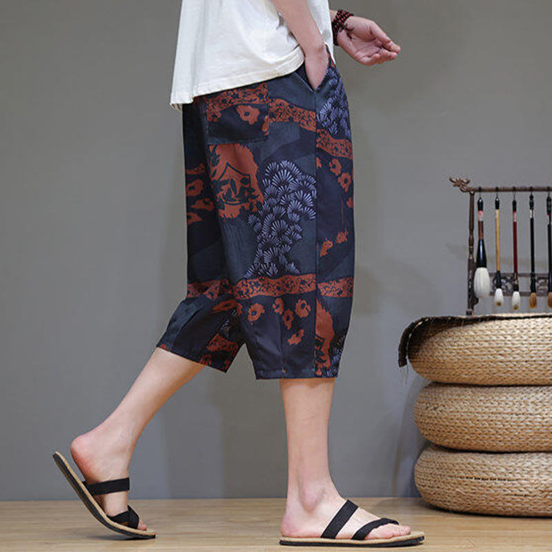 Summer Bamboo Leaves Flowers Cotton Linen Men's Capri Pants With Pockets