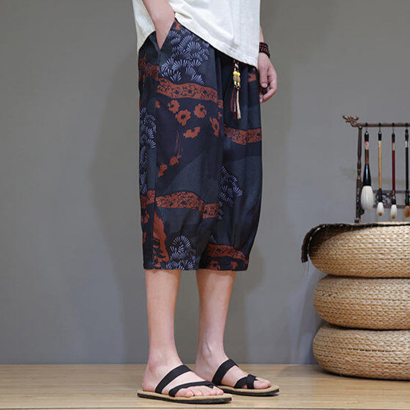 Summer Bamboo Leaves Flowers Cotton Linen Men's Capri Pants With Pockets