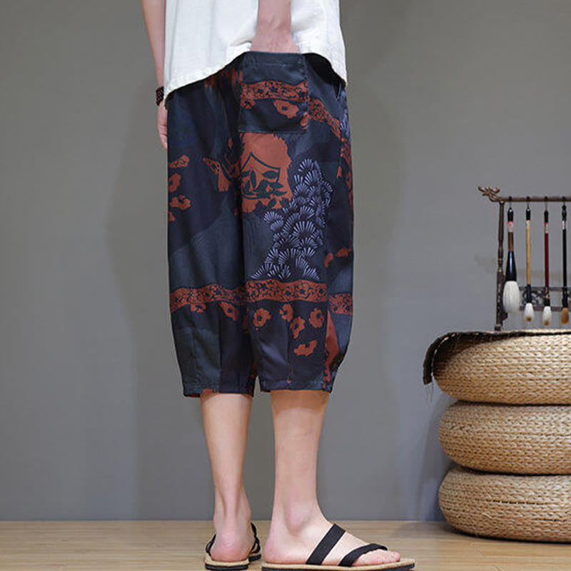 Summer Bamboo Leaves Flowers Cotton Linen Men's Capri Pants With Pockets