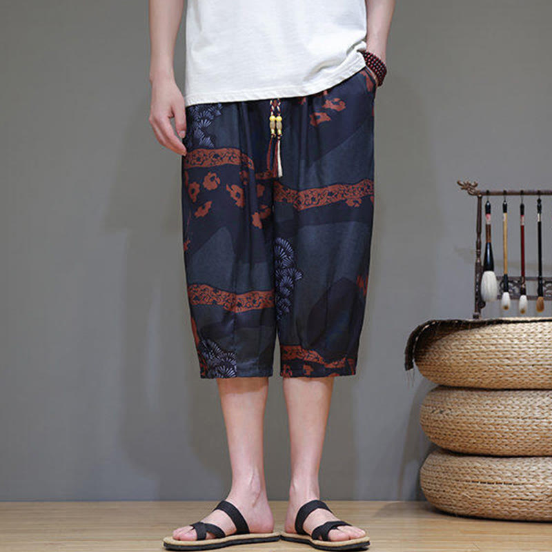 Summer Bamboo Leaves Flowers Cotton Linen Men's Capri Pants With Pockets