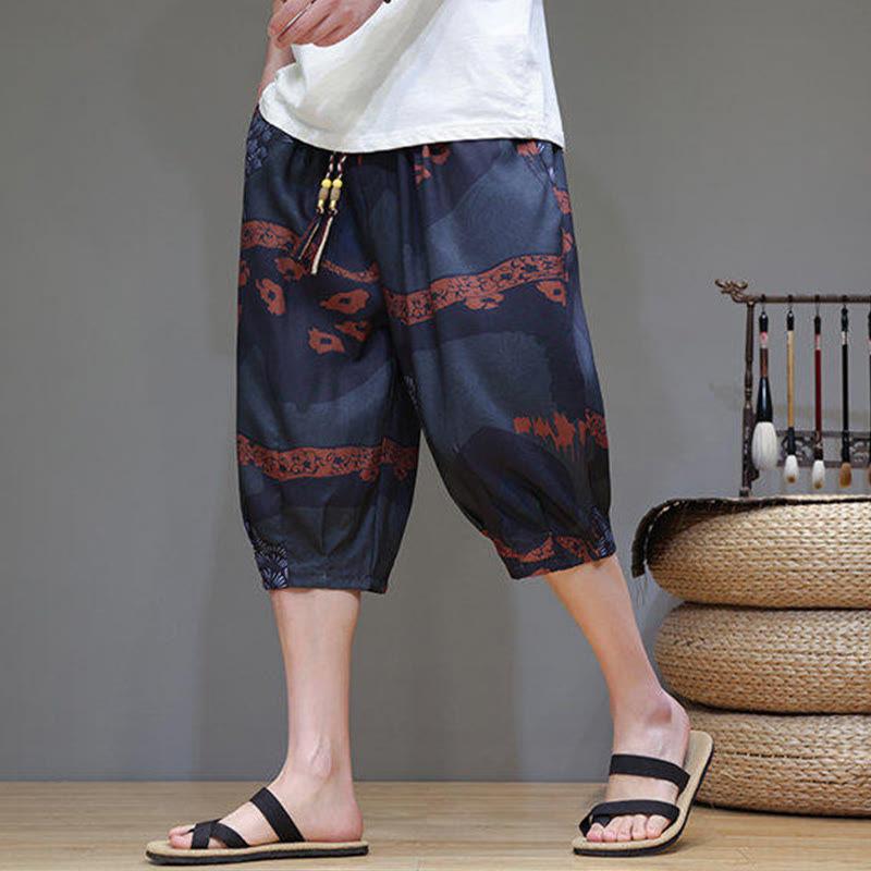 Summer Bamboo Leaves Flowers Cotton Linen Men's Capri Pants With Pockets