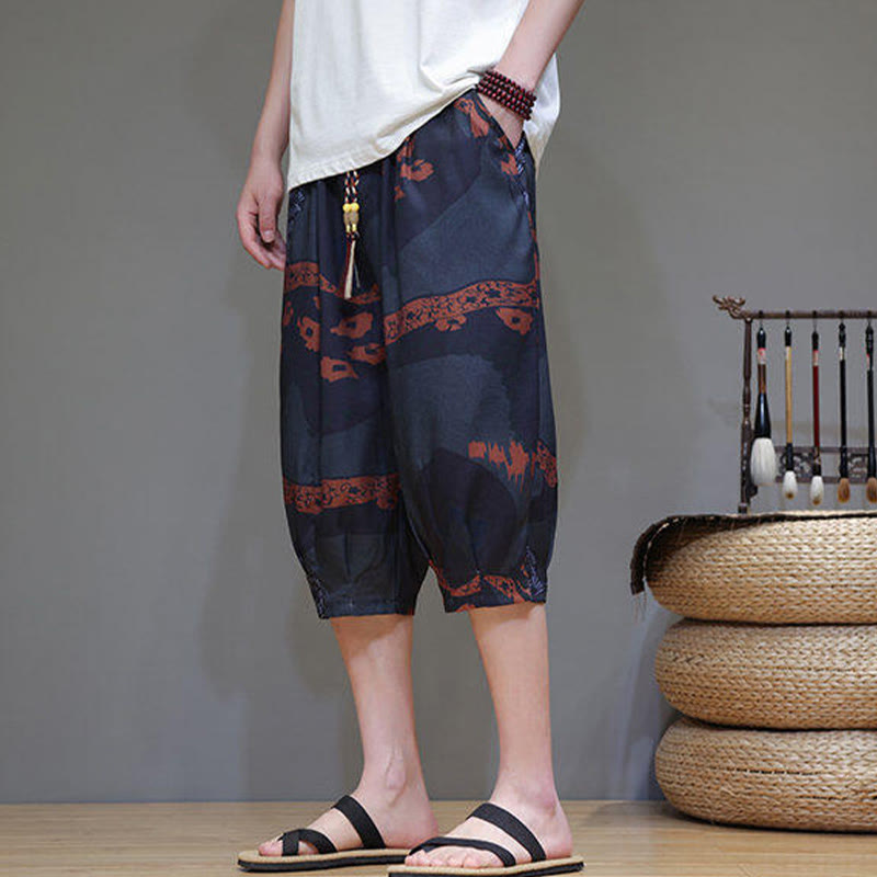Summer Bamboo Leaves Flowers Cotton Linen Men's Capri Pants With Pockets