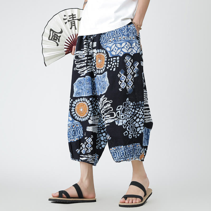 Summer Square Patchwork Elephant Mandala Geometry Cotton Linen Men's 7-8 Length Pants With Pockets