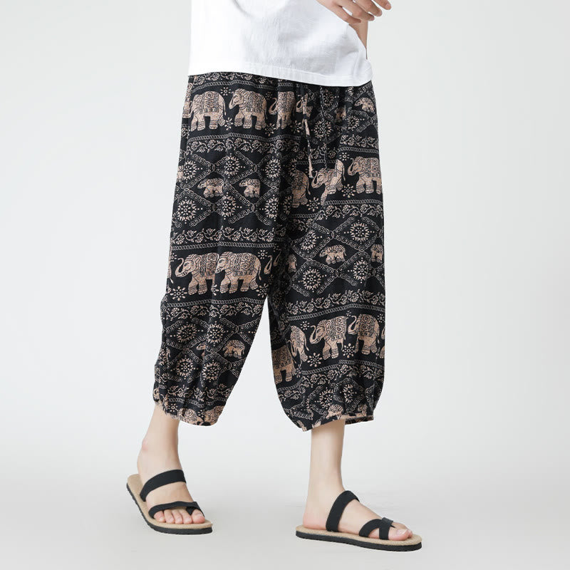Summer Square Patchwork Elephant Mandala Geometry Cotton Linen Men's 7-8 Length Pants With Pockets