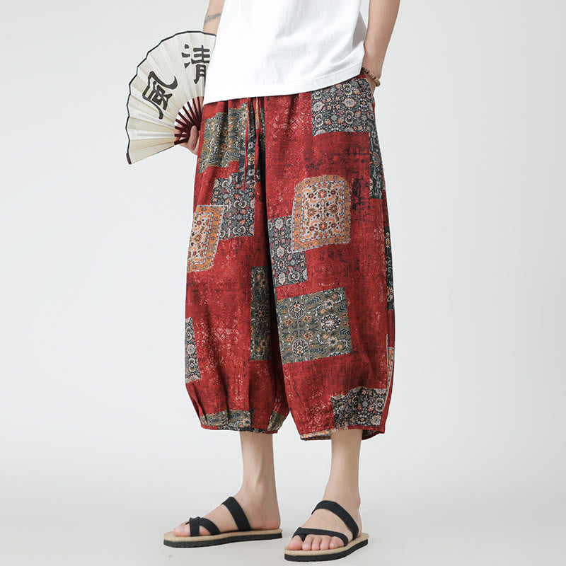 Summer Square Patchwork Elephant Mandala Geometry Cotton Linen Men's 7-8 Length Pants With Pockets