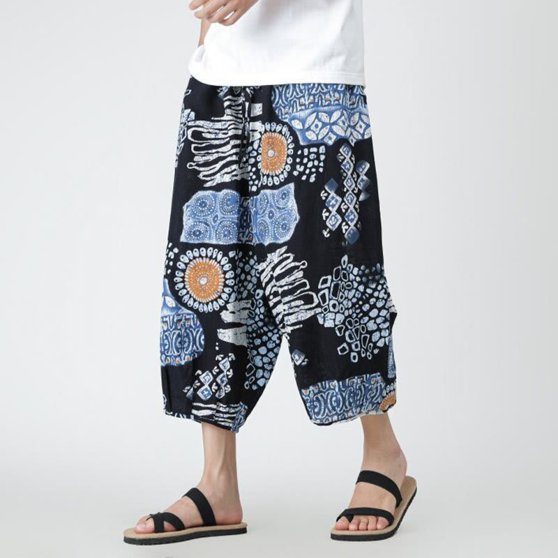 Summer Square Patchwork Elephant Mandala Geometry Cotton Linen Men's 7-8 Length Pants With Pockets