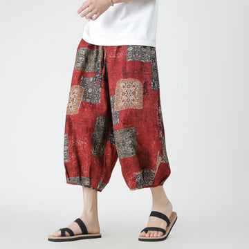 Summer Square Patchwork Elephant Mandala Geometry Cotton Linen Men's 7-8 Length Pants With Pockets