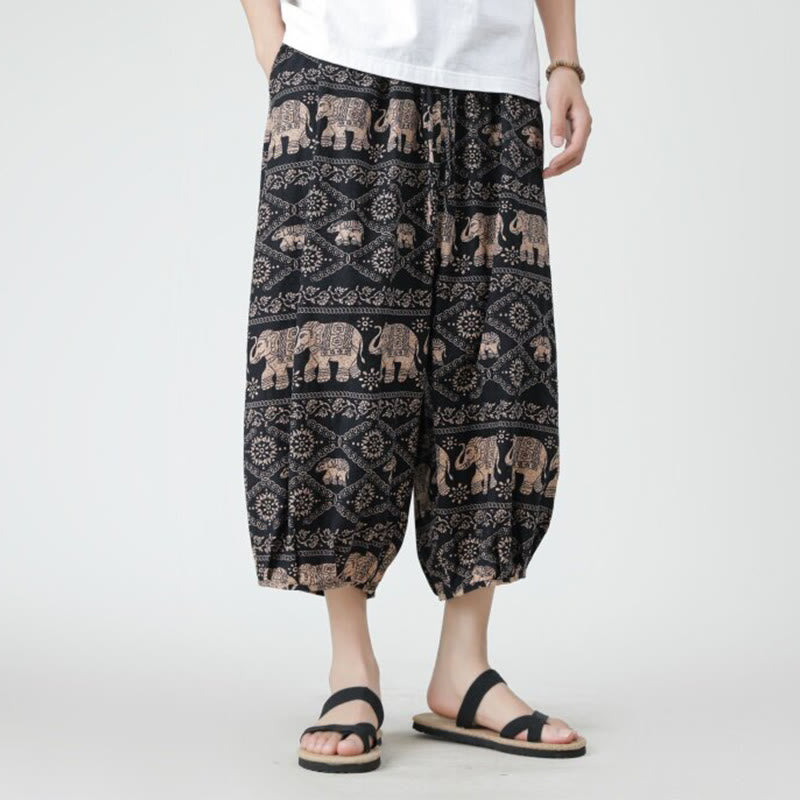 Summer Square Patchwork Elephant Mandala Geometry Cotton Linen Men's 7-8 Length Pants With Pockets