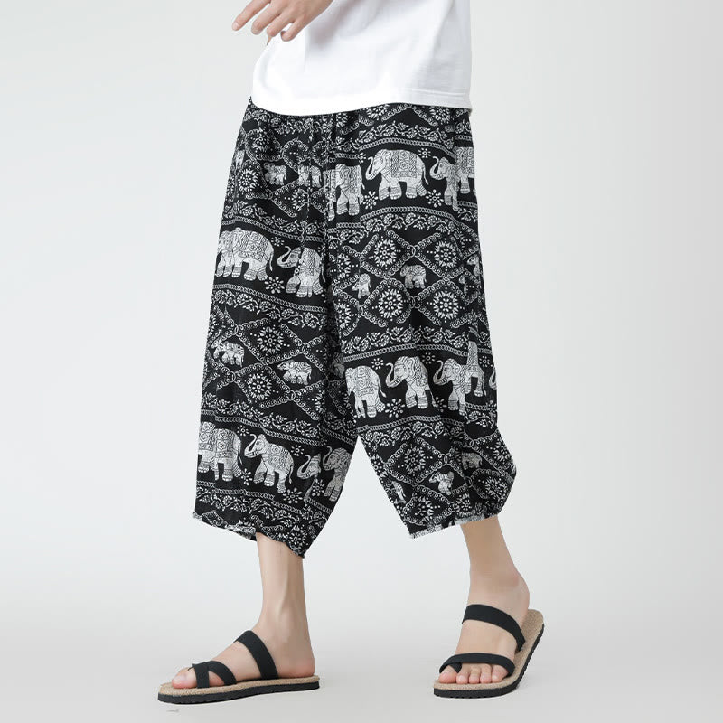 Summer Square Patchwork Elephant Mandala Geometry Cotton Linen Men's 7-8 Length Pants With Pockets