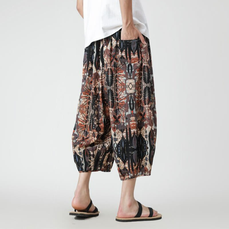 Summer Square Patchwork Elephant Mandala Geometry Cotton Linen Men's 7-8 Length Pants With Pockets
