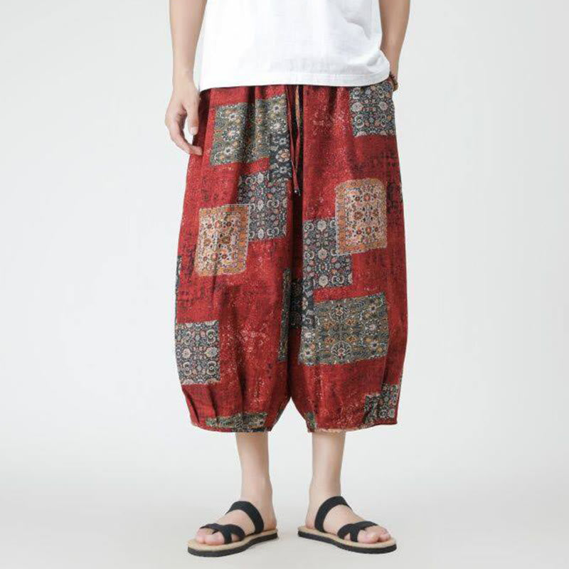Summer Square Patchwork Elephant Mandala Geometry Cotton Linen Men's 7-8 Length Pants With Pockets