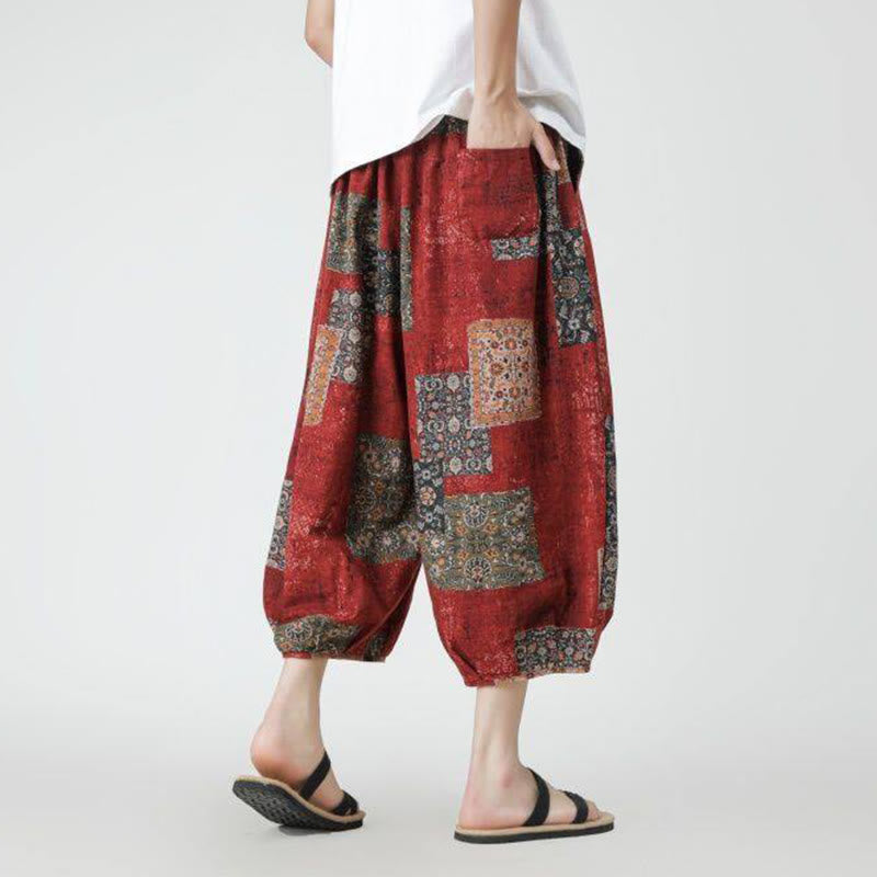 Summer Square Patchwork Elephant Mandala Geometry Cotton Linen Men's 7-8 Length Pants With Pockets
