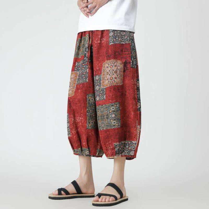 Summer Square Patchwork Elephant Mandala Geometry Cotton Linen Men's 7-8 Length Pants With Pockets