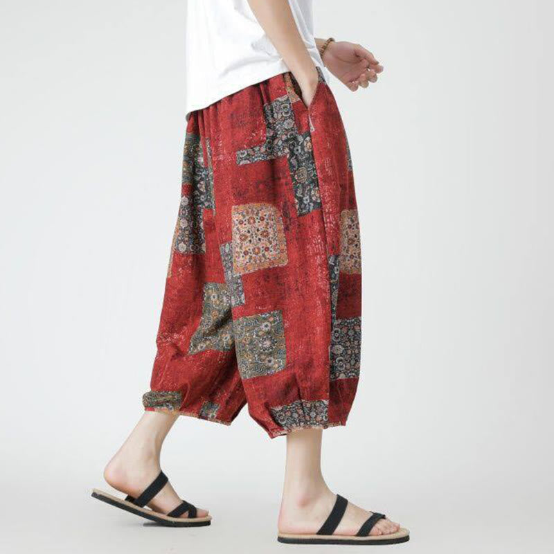 Summer Square Patchwork Elephant Mandala Geometry Cotton Linen Men's 7-8 Length Pants With Pockets