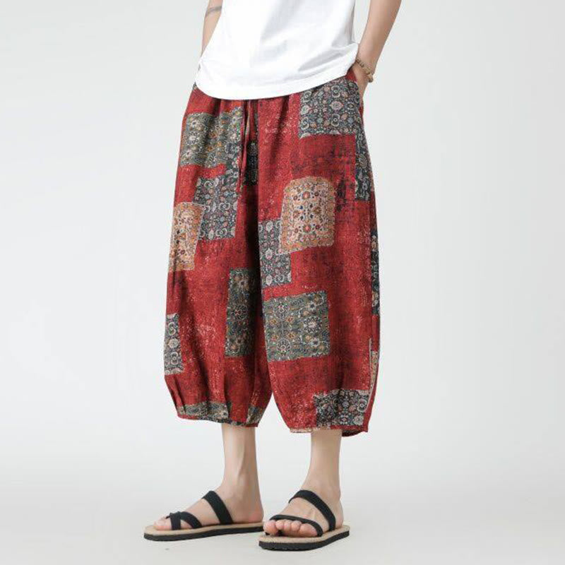Summer Square Patchwork Elephant Mandala Geometry Cotton Linen Men's 7-8 Length Pants With Pockets