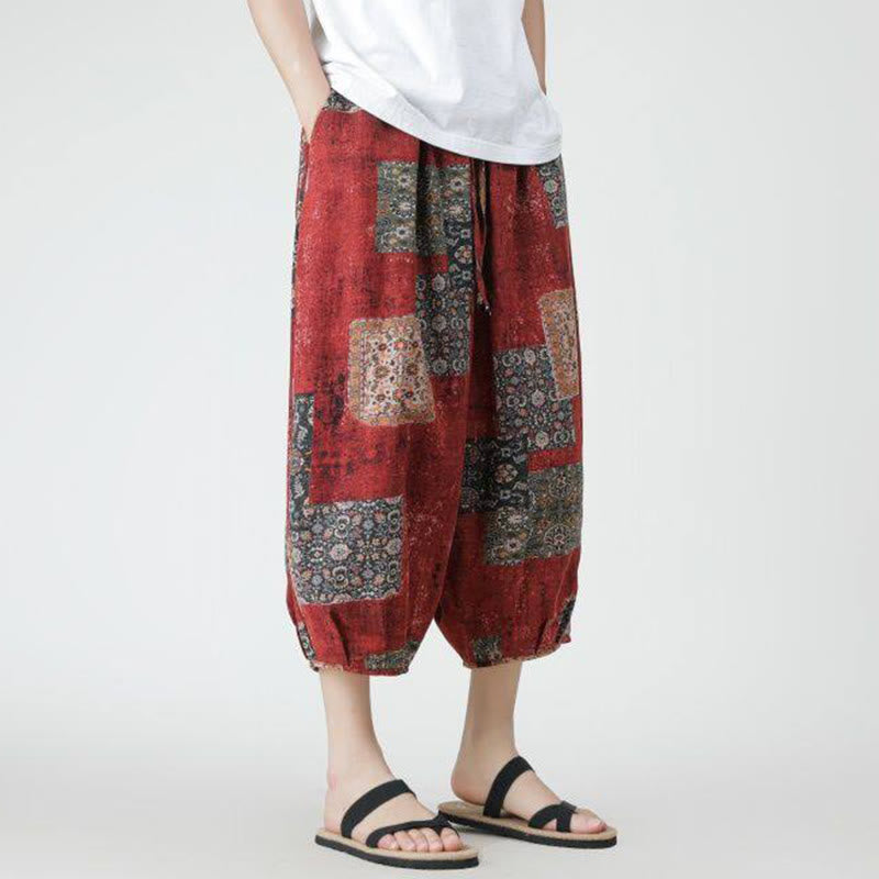Summer Square Patchwork Elephant Mandala Geometry Cotton Linen Men's 7-8 Length Pants With Pockets
