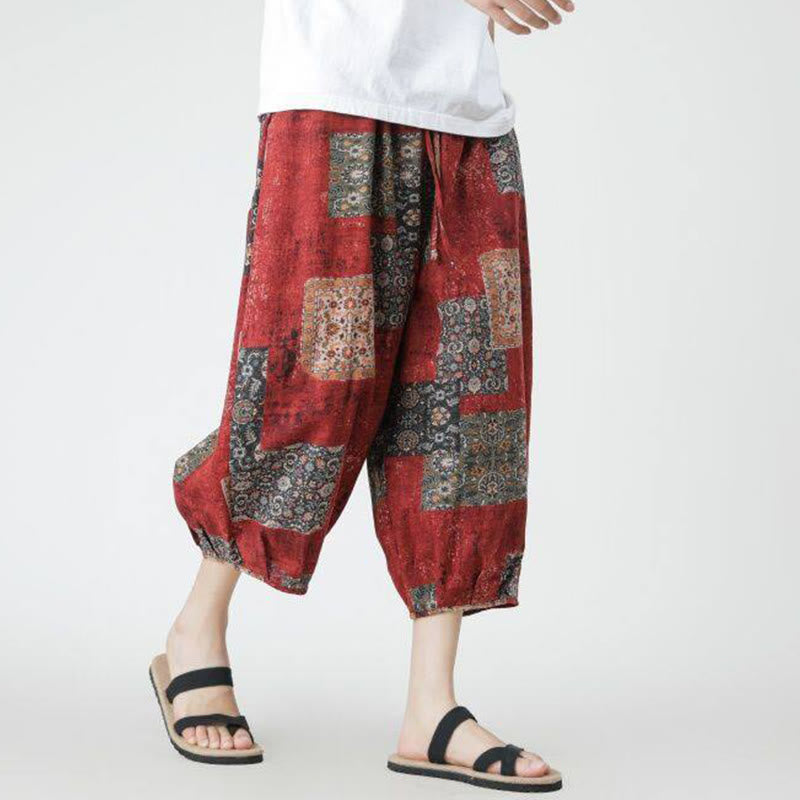 Summer Square Patchwork Elephant Mandala Geometry Cotton Linen Men's 7-8 Length Pants With Pockets