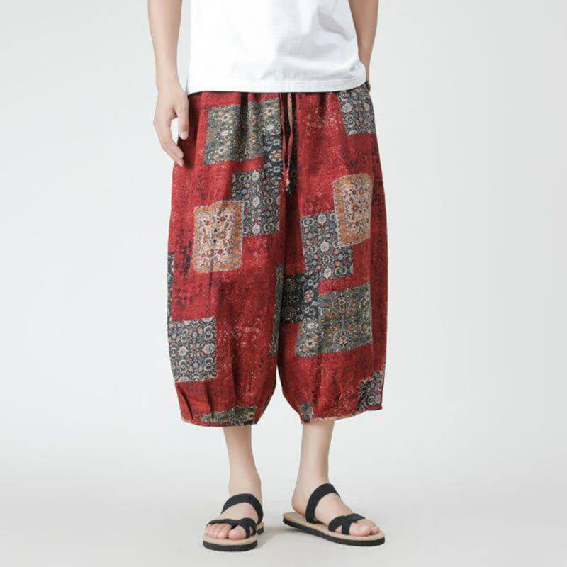 Summer Square Patchwork Elephant Mandala Geometry Cotton Linen Men's 7-8 Length Pants With Pockets