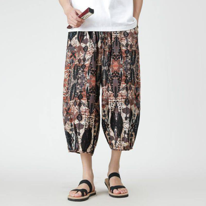 Summer Square Patchwork Elephant Mandala Geometry Cotton Linen Men's 7-8 Length Pants With Pockets