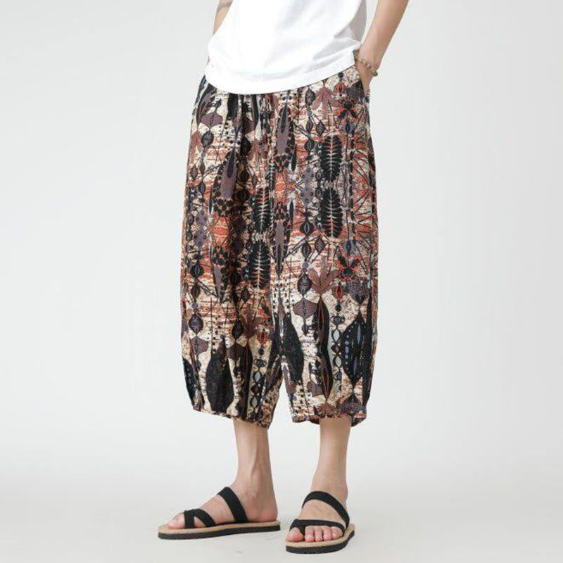 Summer Square Patchwork Elephant Mandala Geometry Cotton Linen Men's 7-8 Length Pants With Pockets